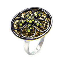 Load image into Gallery viewer, Sterling Silver Three-Toned Fancy Round Shaped with Outline Flower Design Inlaid wiith Yellow Czs Ring