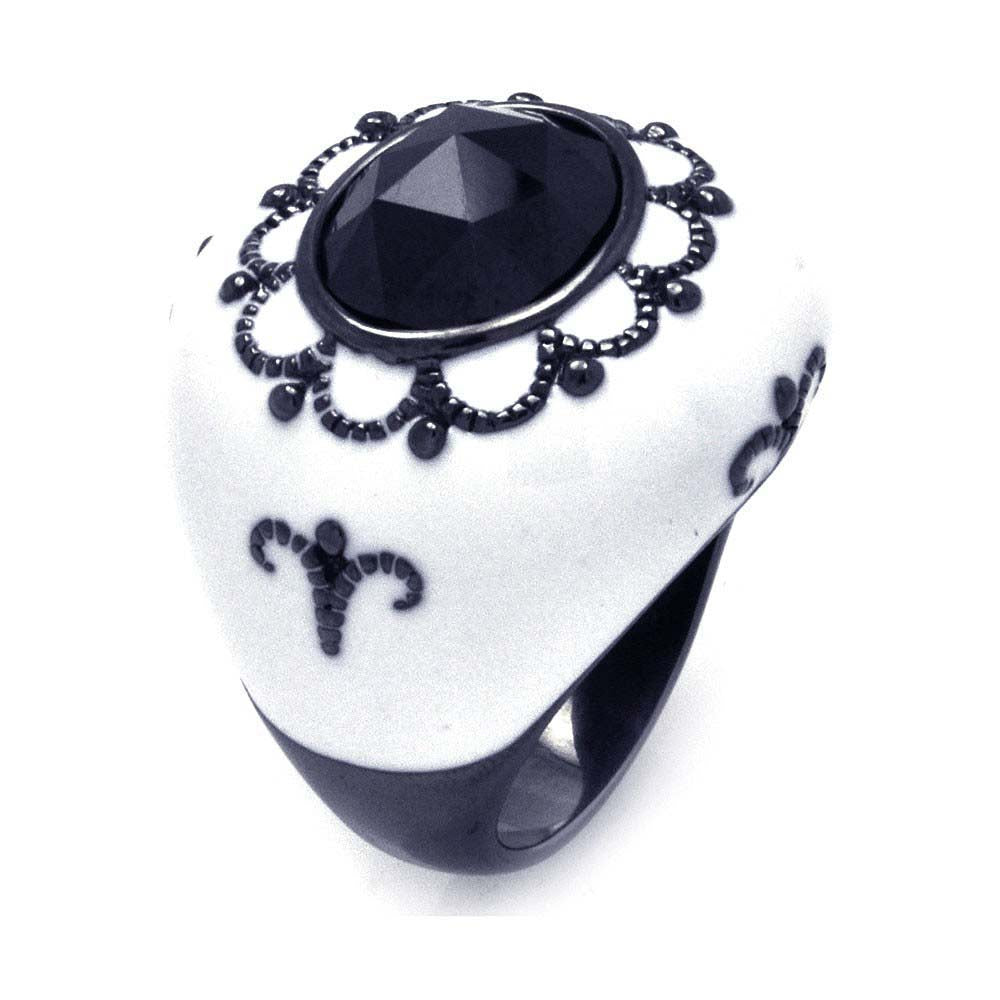 Sterling Silver Black Rhodium Plated White Enamel Domed Band Ring with Filigree Accent and Centered Black Cz