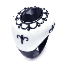 Load image into Gallery viewer, Sterling Silver Black Rhodium Plated White Enamel Domed Band Ring with Filigree Accent and Centered Black Cz