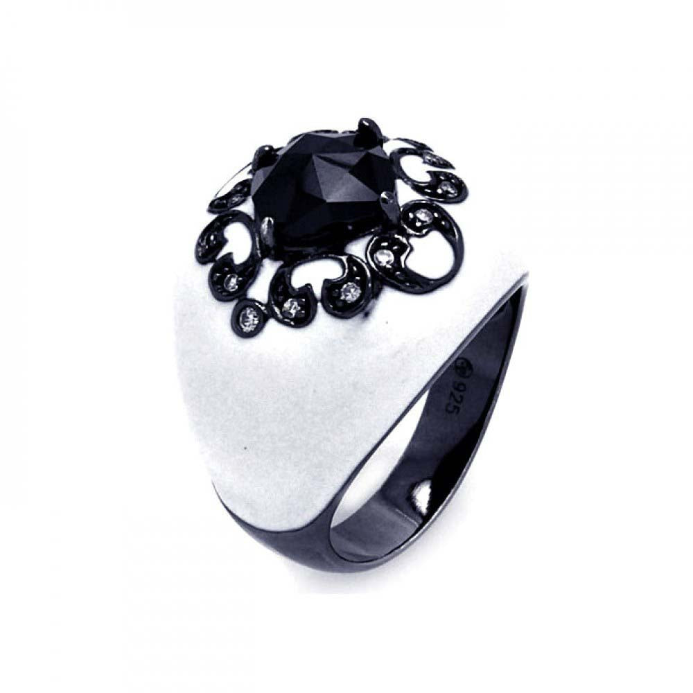 Sterling Silver Black Rhodium Plated White Enamel Domed Band Ring with Filigree Accent Inlaid with Clear Czs and Centered Cushion Cut Black Cz