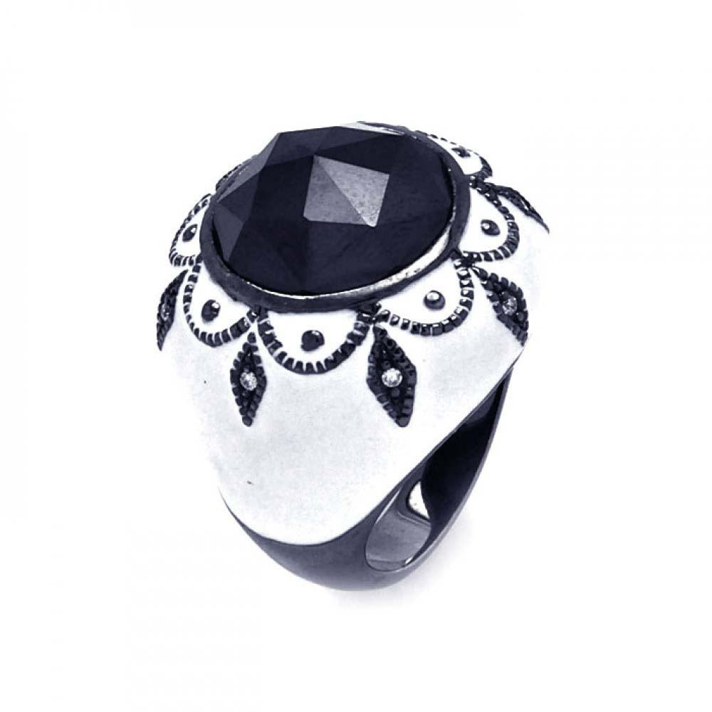 Sterling Silver Black Rhodium Plated White Enamel Domed Band Ring with Multi Diamond Shaped Inlaid with Clear Czs and Outline Flower Design with Centered Black Cz