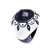 Load image into Gallery viewer, Sterling Silver Black Rhodium Plated White Enamel Domed Band Ring with Multi Diamond Shaped Inlaid with Clear Czs and Outline Flower Design with Centered Black Cz