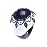 Sterling Silver Black Rhodium Plated White Enamel Domed Band Ring with Multi Diamond Shaped Inlaid with Clear Czs and Outline Flower Design with Centered Black Cz