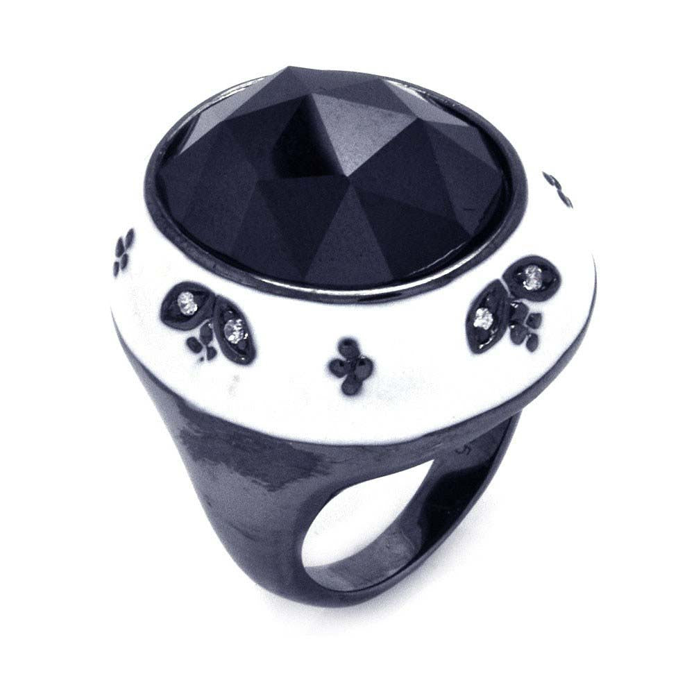 Sterling Silver Black Rhodium Plated White Enamel Domed Band Ring with Multi Flower Design Inlaid with Clear Czs and Centered Black Cz