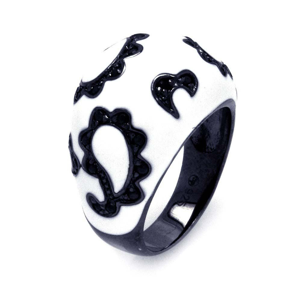 Sterling Silver Black Rhodium Plated White Enamel Domed Band Ring with Black Cz Paisley Design