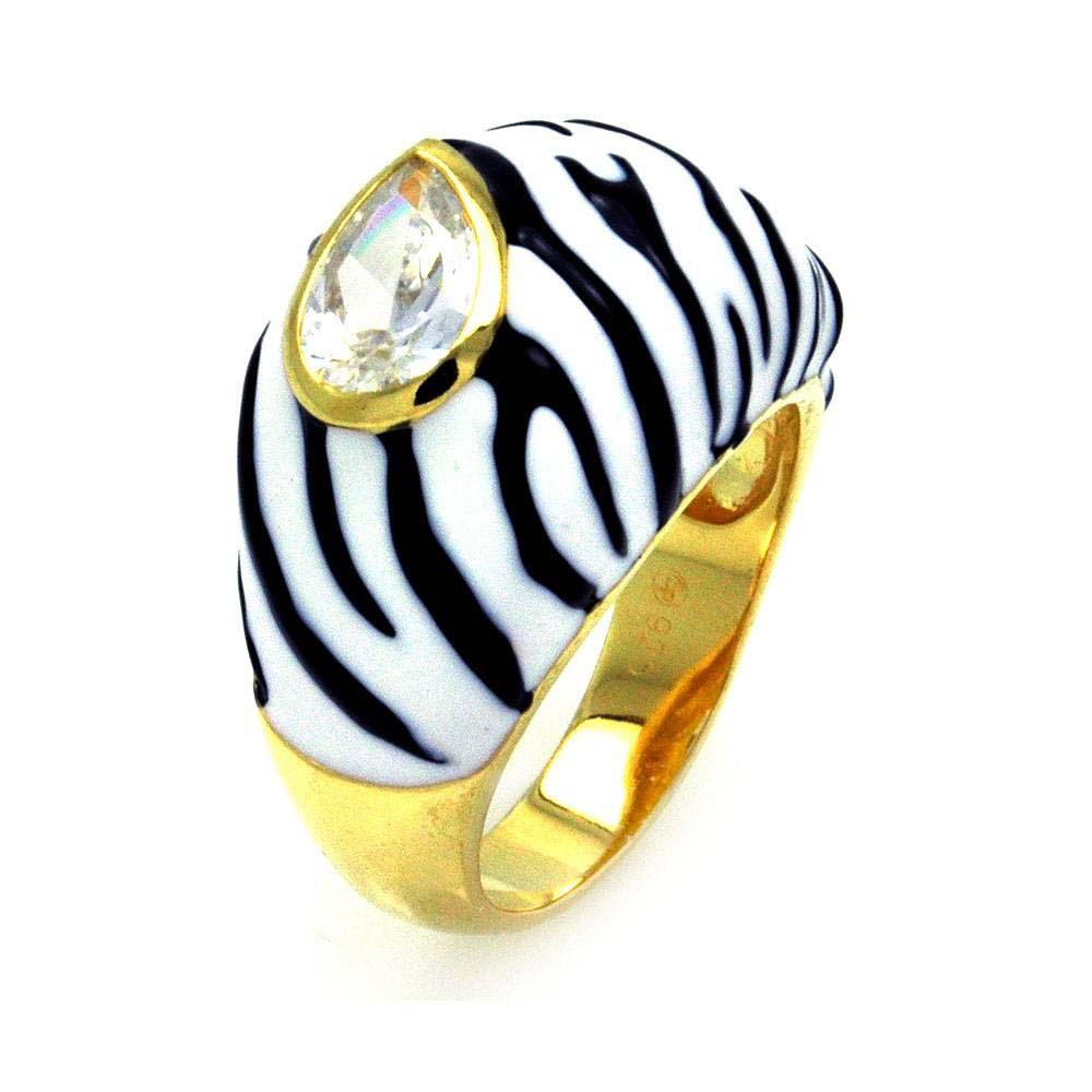 Sterling Silver Gold Plated White Enamel Domed Band Ring with Zebra Print Design and Pearshaped Cut Clear Cz