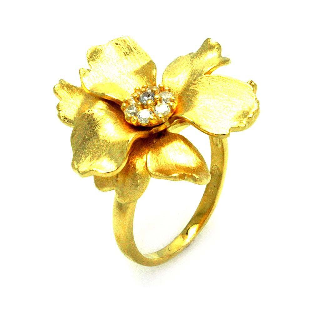 Sterling Silver Gold Plated Stylish Flower Design with Centered Clear Czs Ring