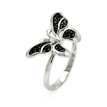 Load image into Gallery viewer, Sterling Silver Two-Toned Modish Butterfly Design Inlaid with Black Czs RingAnd Ring Dimensions of 13.5MMx22.65MM