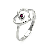 Sterling Silver Fancy Open Heart Design with Centered Red Cz on Bezel Setting RingAnd Ring Dimensions of 10MMx11MM