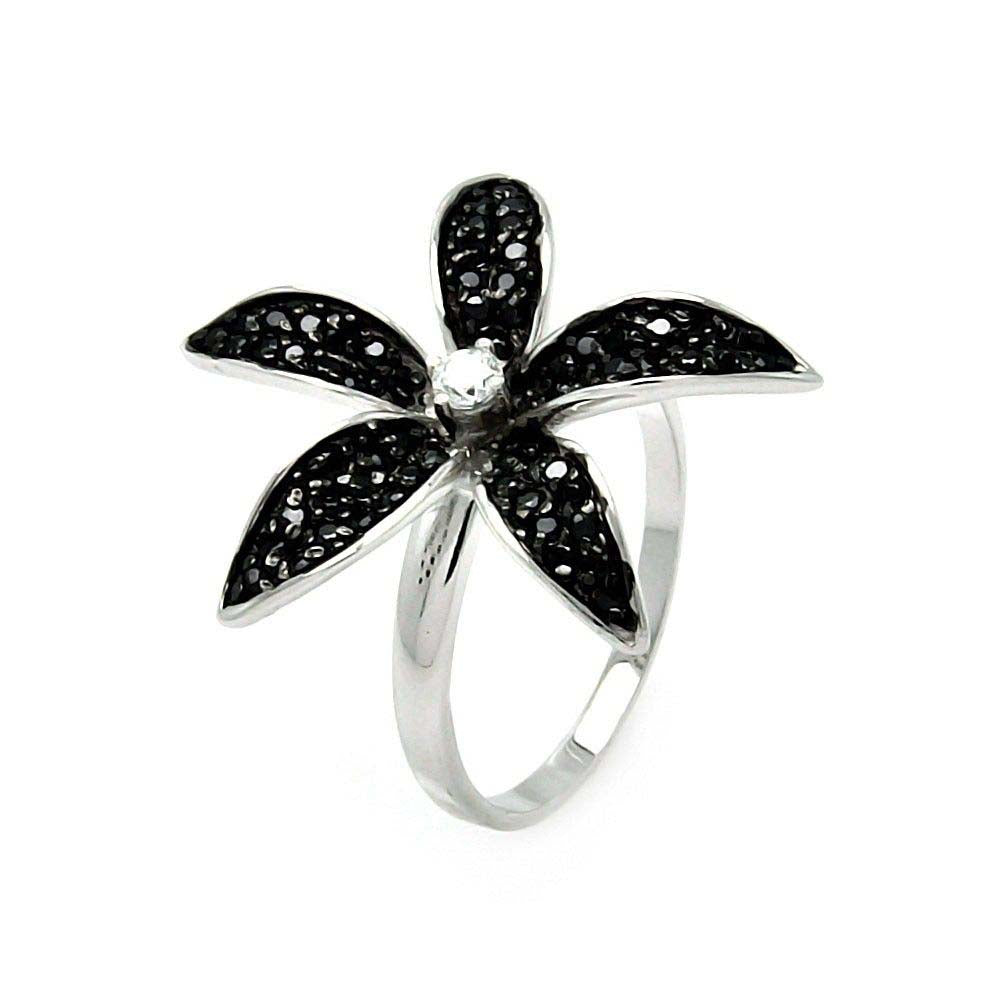 Sterling Silver Two-Toned Trendy Flower Design Embedded with Black Czs and Centered Clear Cz RingAnd Ring Width of 24MM