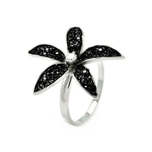 Load image into Gallery viewer, Sterling Silver Two-Toned Trendy Flower Design Embedded with Black Czs and Centered Clear Cz RingAnd Ring Width of 24MM