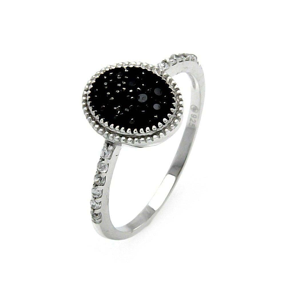 Sterling Silver Fancy Two-Toned Oval Shaped Design Embedded with Black Czs Paved Band RingAnd Ring Dimensions of 11MMx9MM