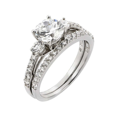 Sterling Silver Elegant 2 Pieces Engagement Ring with Centered Three Solitaire Round Cut Clear CzsAnd Ring Dimensions of 12.2MMx7MM