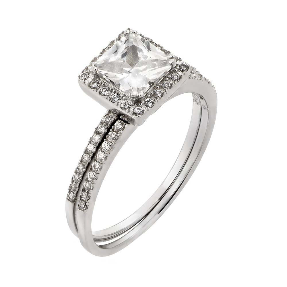 Sterling Silver 2 Pieces Engagement Ring with Centered Princess Cut Clear Cz with Paved Halo SettingAnd Ring Dimensions of 8.4MMx8.2MM