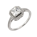 Sterling Silver Elegant Bridal Ring with Centered Princess Cut Clear Cz with Paved Halo Setting