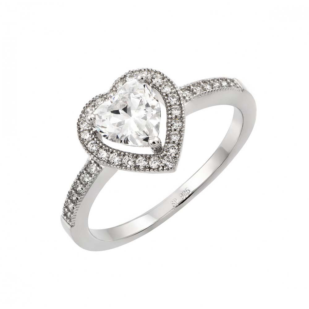 Sterling Silver Trendy Solitaire Heart Cut Clear Cz with Paved Halo Setting RingAnd Ring Dimensions of 10MMx10.2MM