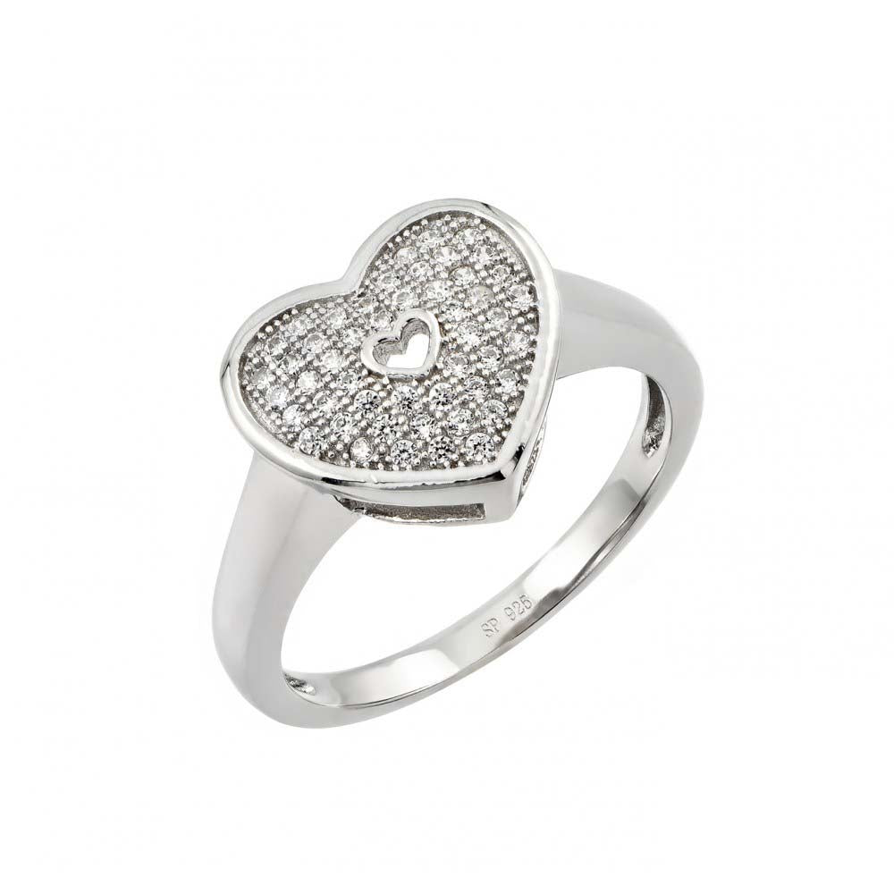 Sterling Silver Fancy Micro Paved Heart Design Ring with Ring Dimensions of 11.4MMx12.6MM