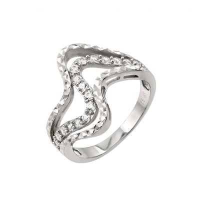 Sterling Silver Rhodium Plated Inlay Wave Shaped Ring With CZ Stones