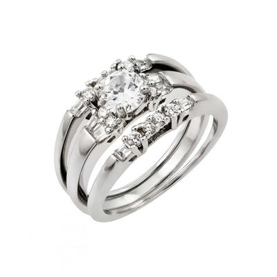 Sterling Silver Rhodium Plated Clear Round CZ Inlay Bridal Engagement Ring Pair Set