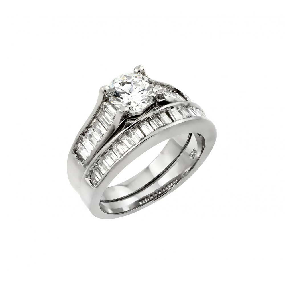 Sterling Silver Elegant 2 Pieces Engagemet Ring Set with Bageutte and Centered Round Cut Clear CzAnd Band Width of 3.8MM and 5.5MM