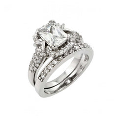 Sterling Silver Rhodium Plated Clear Pave Square CZ Engagement Ring Pair Set