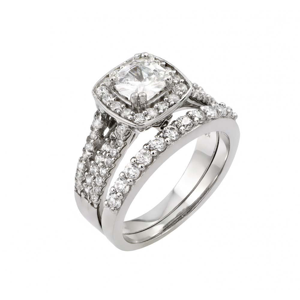 Sterling Silver Rhodium Plated Clear Cluster Square CZ Engagement Ring Pair Set