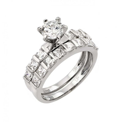 Sterling Silver Rhodium Plated CZ Engagement Ring Pair Set