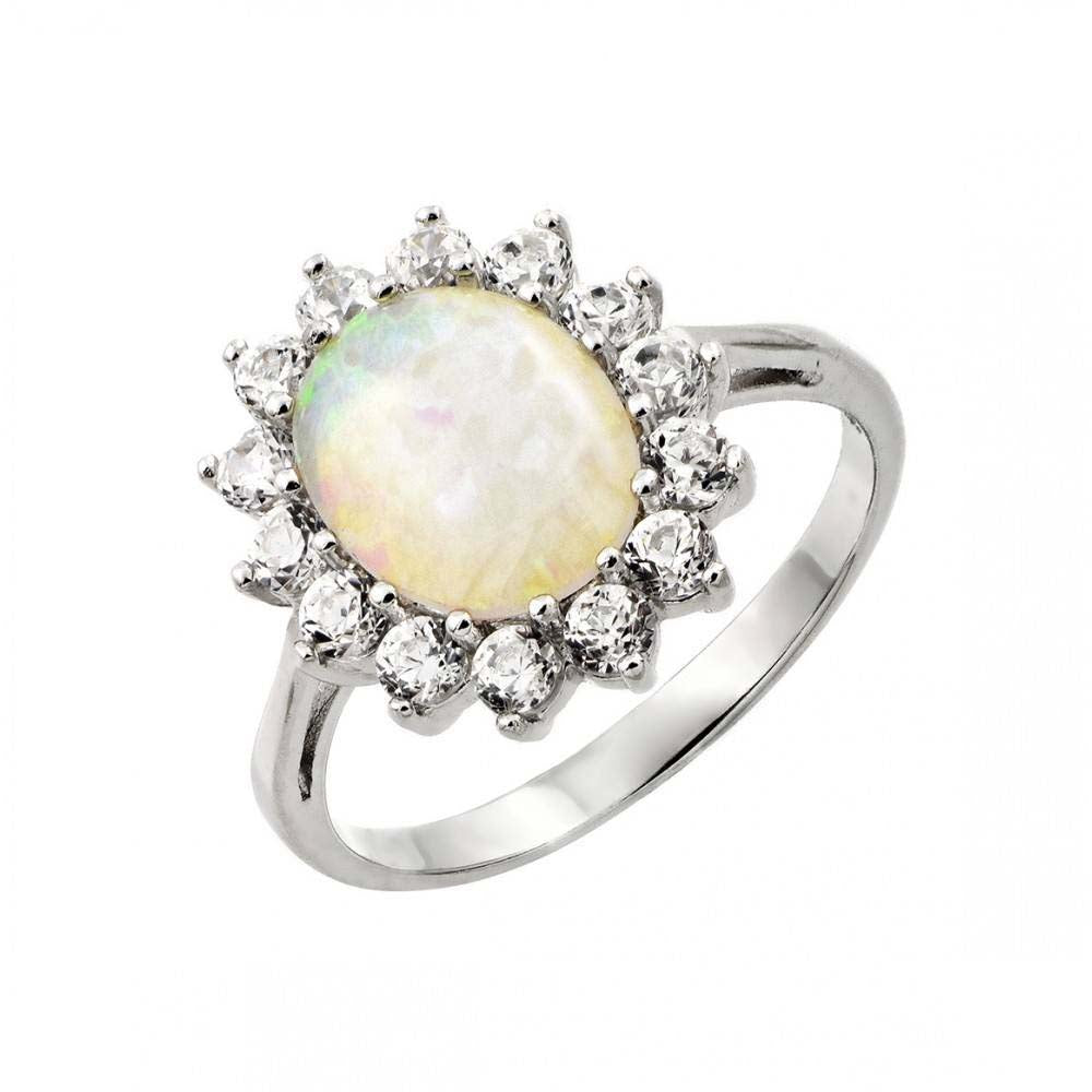 Sterling Silver Rhodium Plated White Opal Center Clear CZ Sun Ring