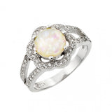 Sterling Silver Rhodium Plated White Opal Center Clear Cluster CZ Flower Ring