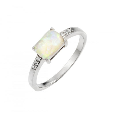 Sterling Silver Rhodium Plated Clear CZ Baguette Opal Ring