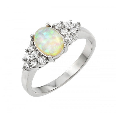Sterling Silver Rhodium Plated Opal Clear Cluster CZ Ring