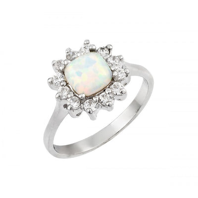 Sterling Silver Rhodium Plated Opal Clear Cluster CZ Flower Ring
