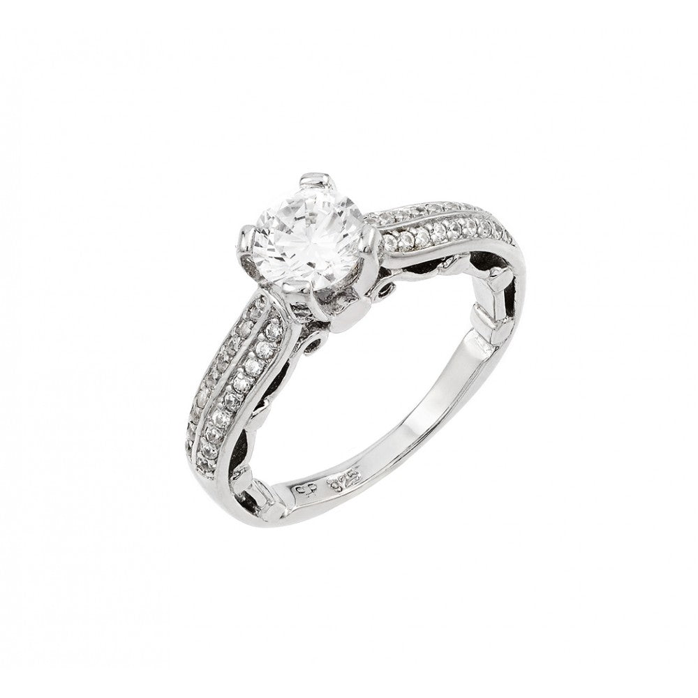 Sterling Silver Rhodium Plated Clear Pave Set CZ Solitaire Ring