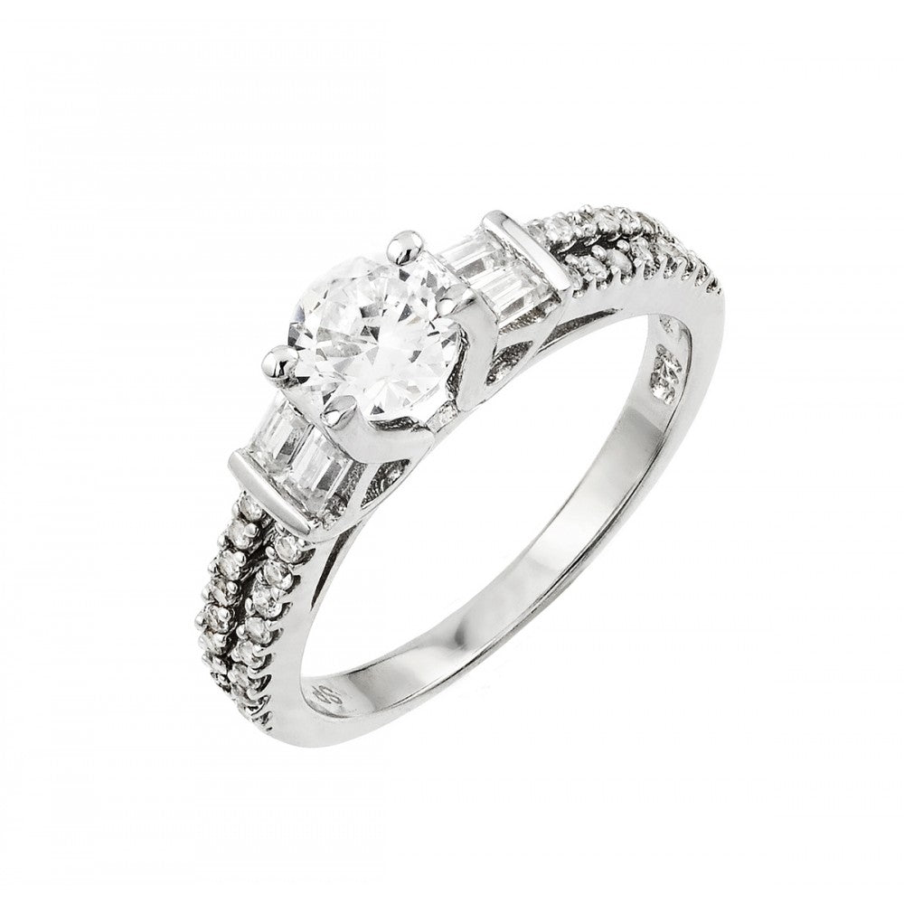 Sterling Silver Rhodium Plated Clear Round and Baguette CZ Ring