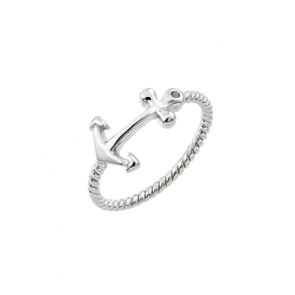 Sterling Silver Rhodium Plated Round Clear CZ Anchor Rope Ring