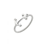 Sterling Silver Rhodium Plated Round Clear CZ Anchor Rope Ring