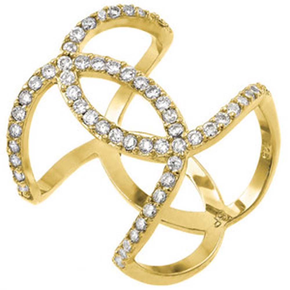 Sterling Silver Gold Plated X Cross Wrap Band Ring Embedded with Clear Czs