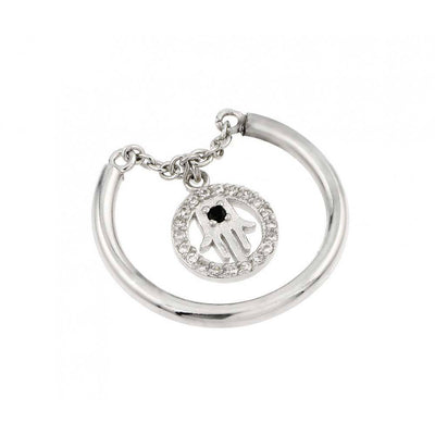 Sterling Silver Rhodium Plated Hamsa Circle Shaped Ring With Black And Clear CZ Ring