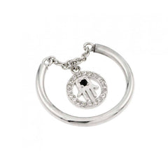 Sterling Silver Rhodium Plated Hamsa Circle Shaped Ring With Black And Clear CZ Ring