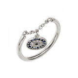 Sterling Silver Rhodium Plated Evil Eye Link Shaped Ring With BlueAnd Black And Clear CZ Stones