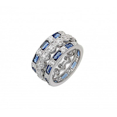 Sterling Silver Rhodium Plated Blue Baguette And Round Clear Eternity RingAnd Dimensions 11mmAnd Width 3mmx2mmAnd Thickness 2mmx4mm
