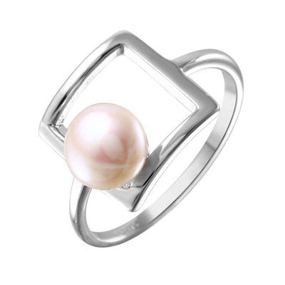Sterling Silver Rhodium Plated Open Square Synthetic Pearl Ring
