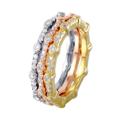 Sterling Silver Multi Plated Three Piece Round Stackable Rings With CZ StonesAnd Width 1mmAnd Dimensions 22mmx2mm