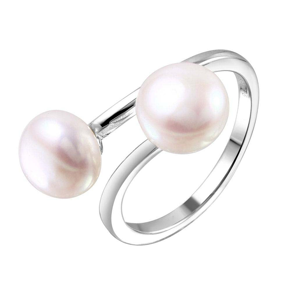 Sterling Silver Rhodium Plated Open Double Fresh Water Pearl Ring