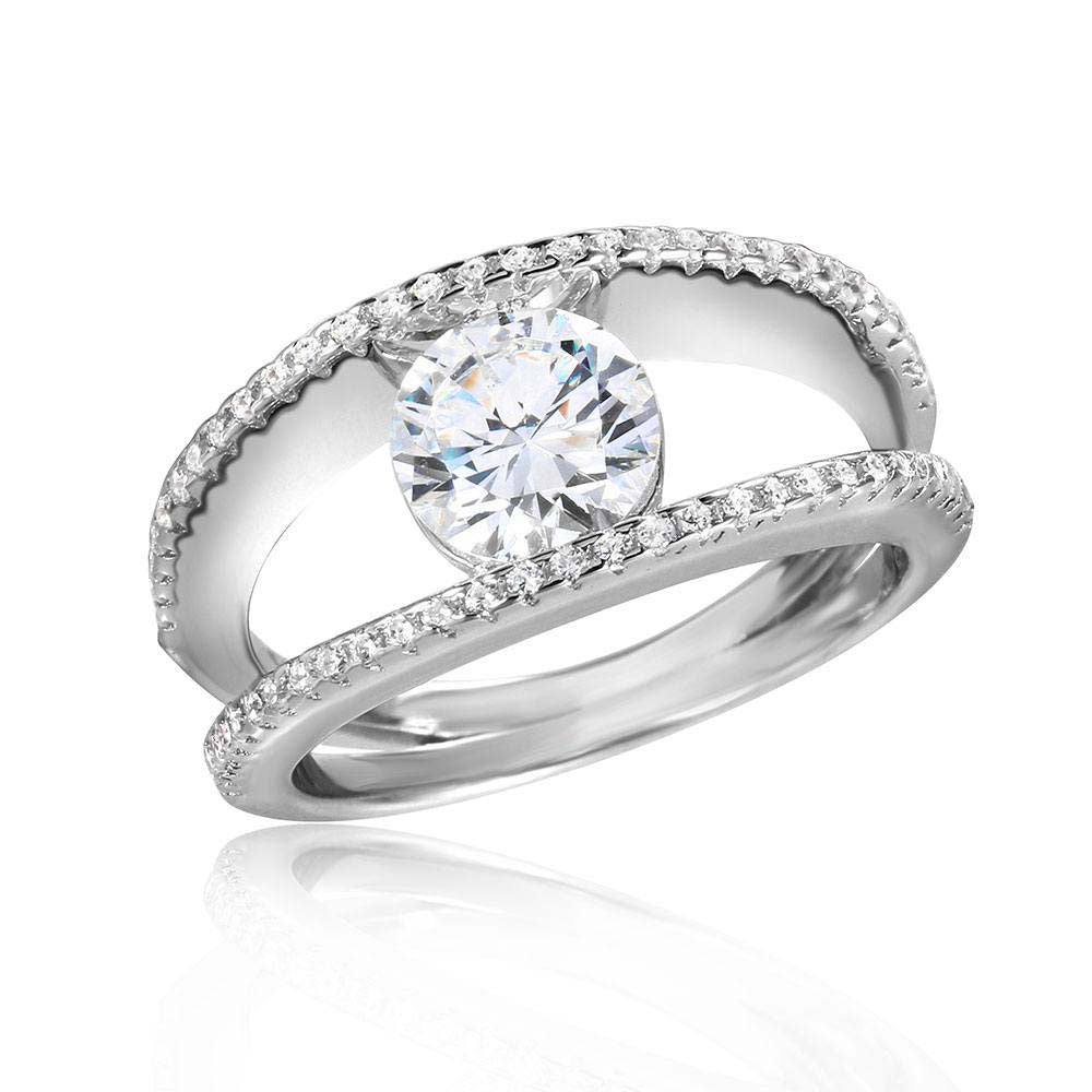 Sterling Silver Rhodium Plated 2 Row CZ Band With A 7mm Center Stone RingAnd Width 7mmAnd Dimensions 9.3mm
