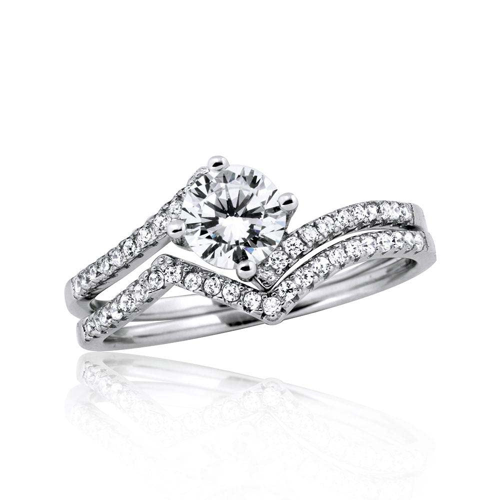 Sterling Silver Rhodium Plated  2 Zigzag Engagement CZ Ring With 6mm Center