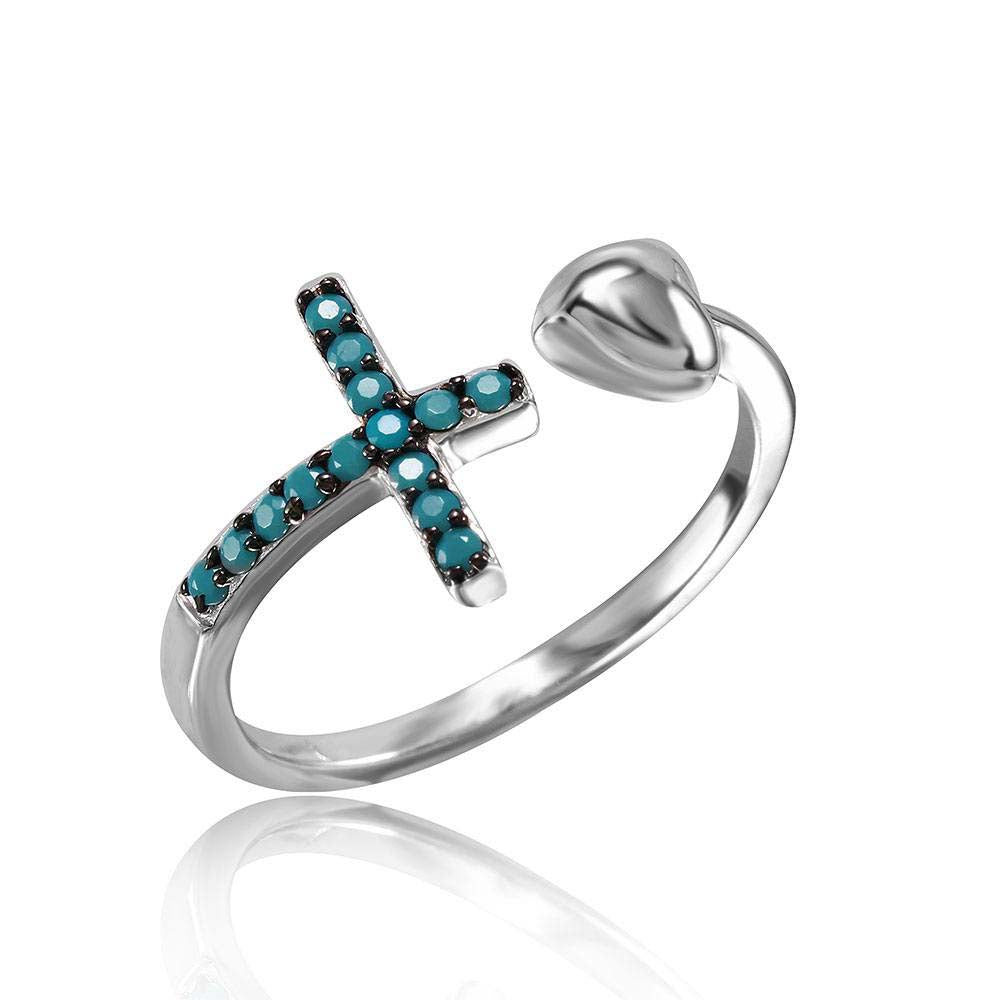 Sterling Silver Rhodium Plated Cross And Heart Ring With Synthetic Turquoise Stones