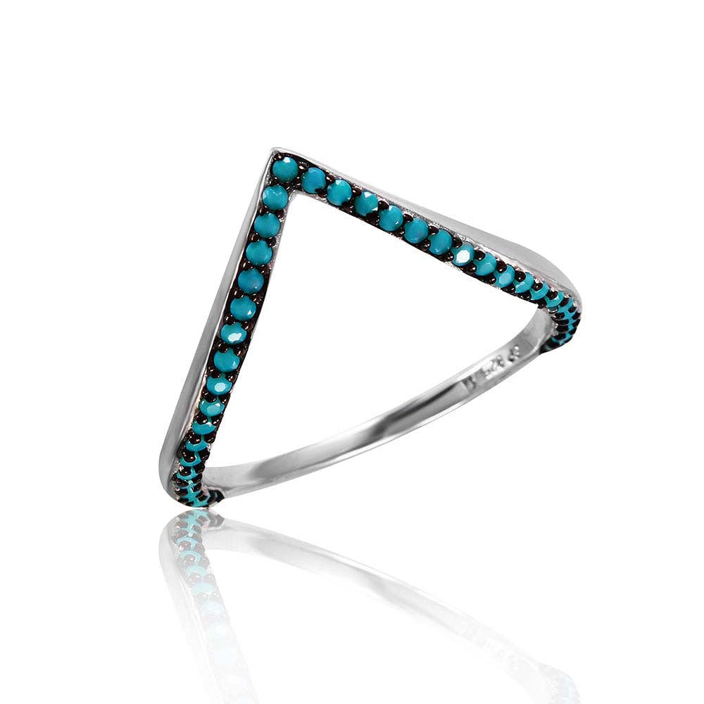 Sterling Silver Rhodium Plated V Ring With Synthetic Turquoise Stones