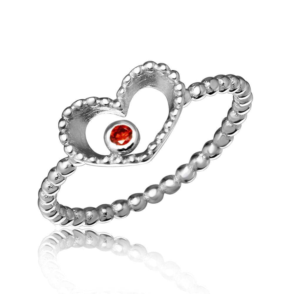 Sterling Silver Rhodium Plated Open Heart Ring With Red CZ