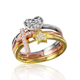 Sterling Silver Rose GoldAnd Gold And Rhodium Plated Three Toned Band With CrossAnd Star And Heart Shaped Ring